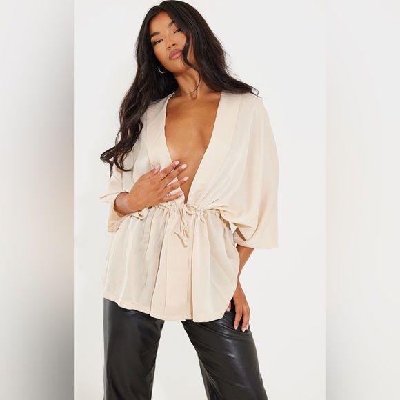 PLT Cream Textured Woven Plunge Tie Waist Blouse - Picture 2 of 4